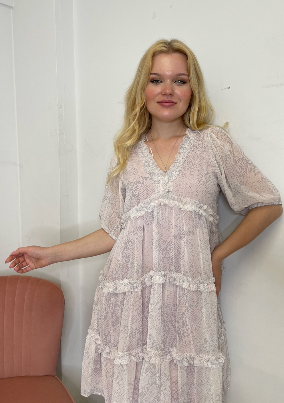 The Pink Door Snake Print Ruffle Dress - Pink