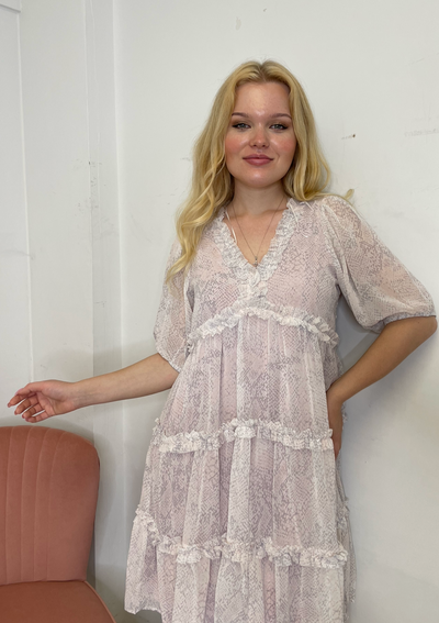 The Pink Door Snake Print Ruffle Dress - Pink
