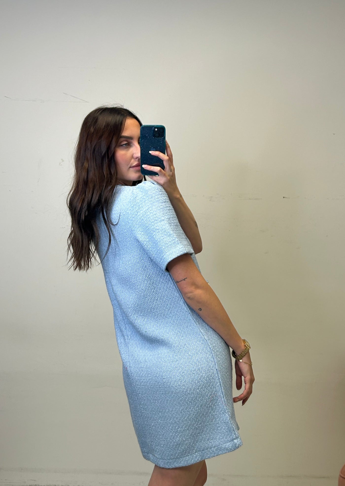 The Pink Door Tweed Gold Button Dress - Blue