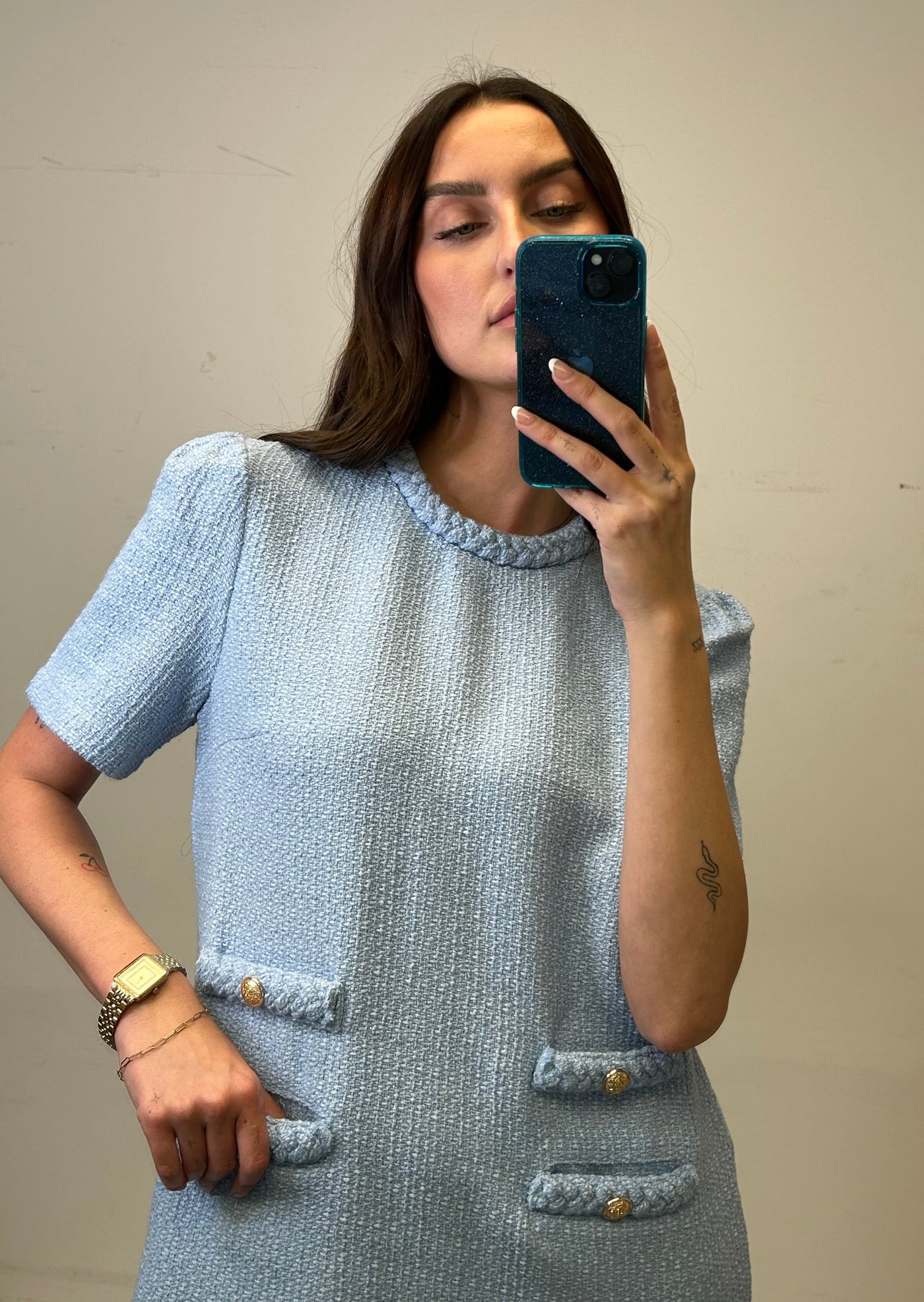 The Pink Door Tweed Gold Button Dress - Blue