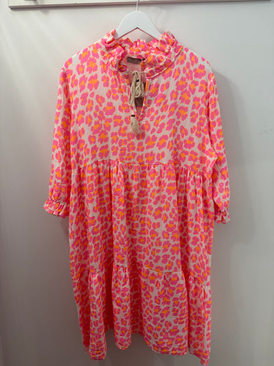 The Pink Door Cheetah Print Cotton Dress Neon Orange
