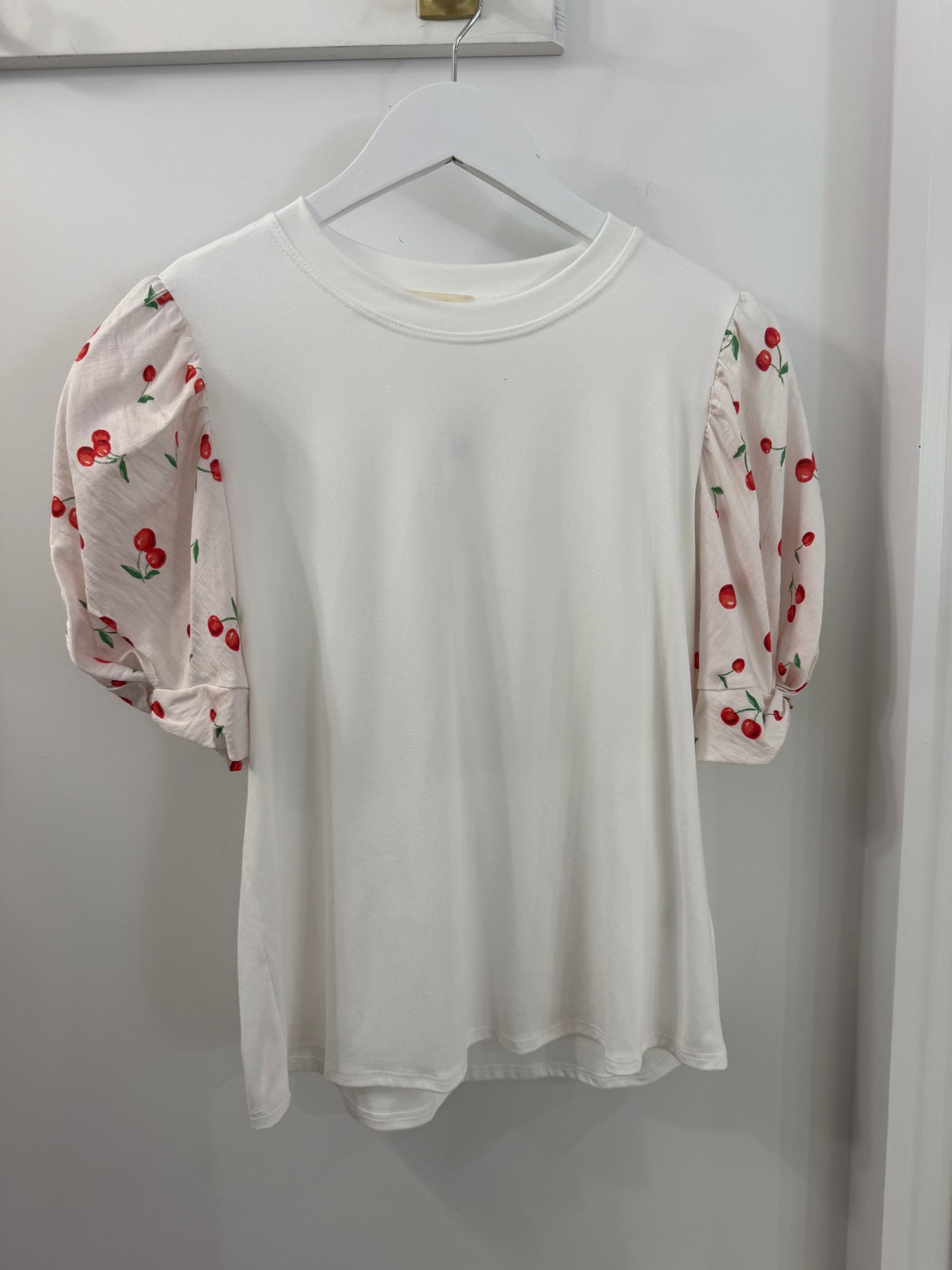 The Pink Door Cherry Print Pouf Sleeve Top White