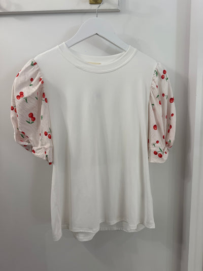 The Pink Door Cherry Print Pouf Sleeve Top White