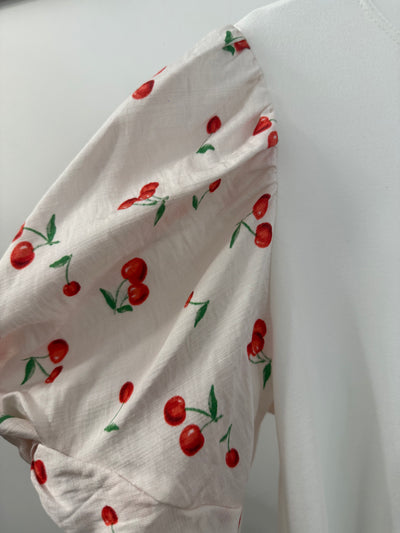 The Pink Door Cherry Print Pouf Sleeve Top White