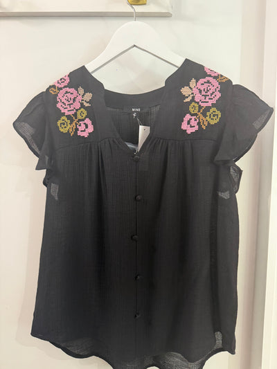 The Pink Door Flower Cross Stitch Ruffle Top Black