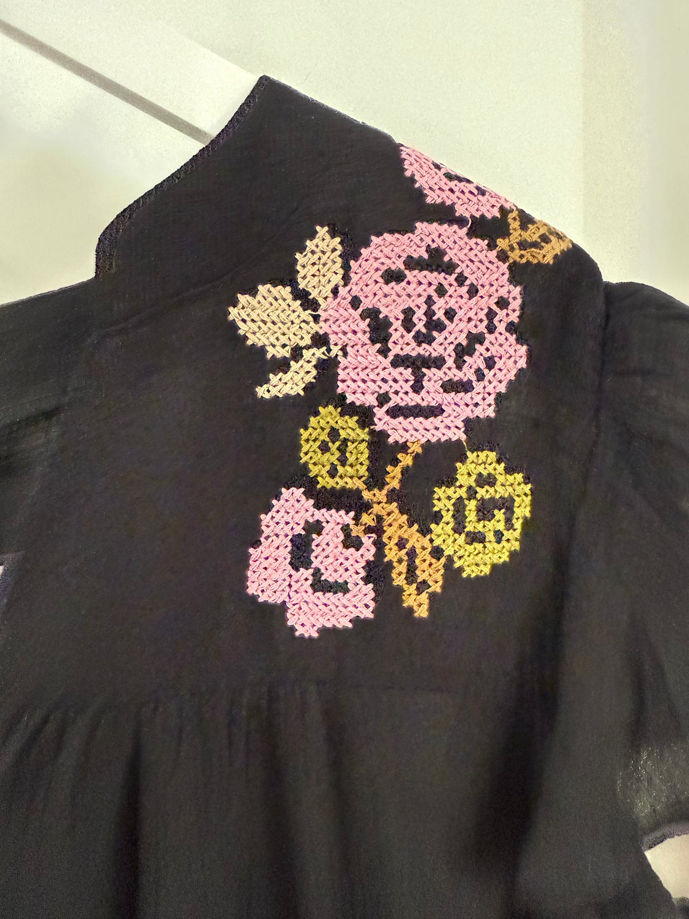 The Pink Door Flower Cross Stitch Ruffle Top Black