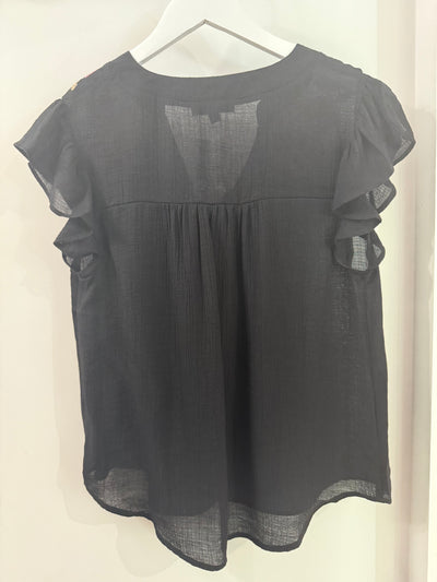 The Pink Door Flower Cross Stitch Ruffle Top Black