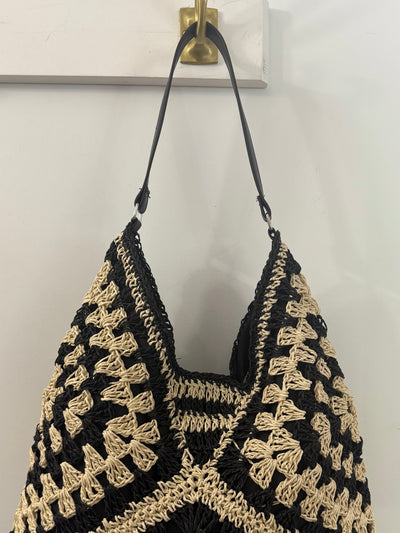 The Pink Door Black & Natural Raffia Bag