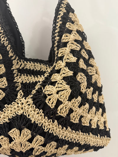 The Pink Door Black & Natural Raffia Bag