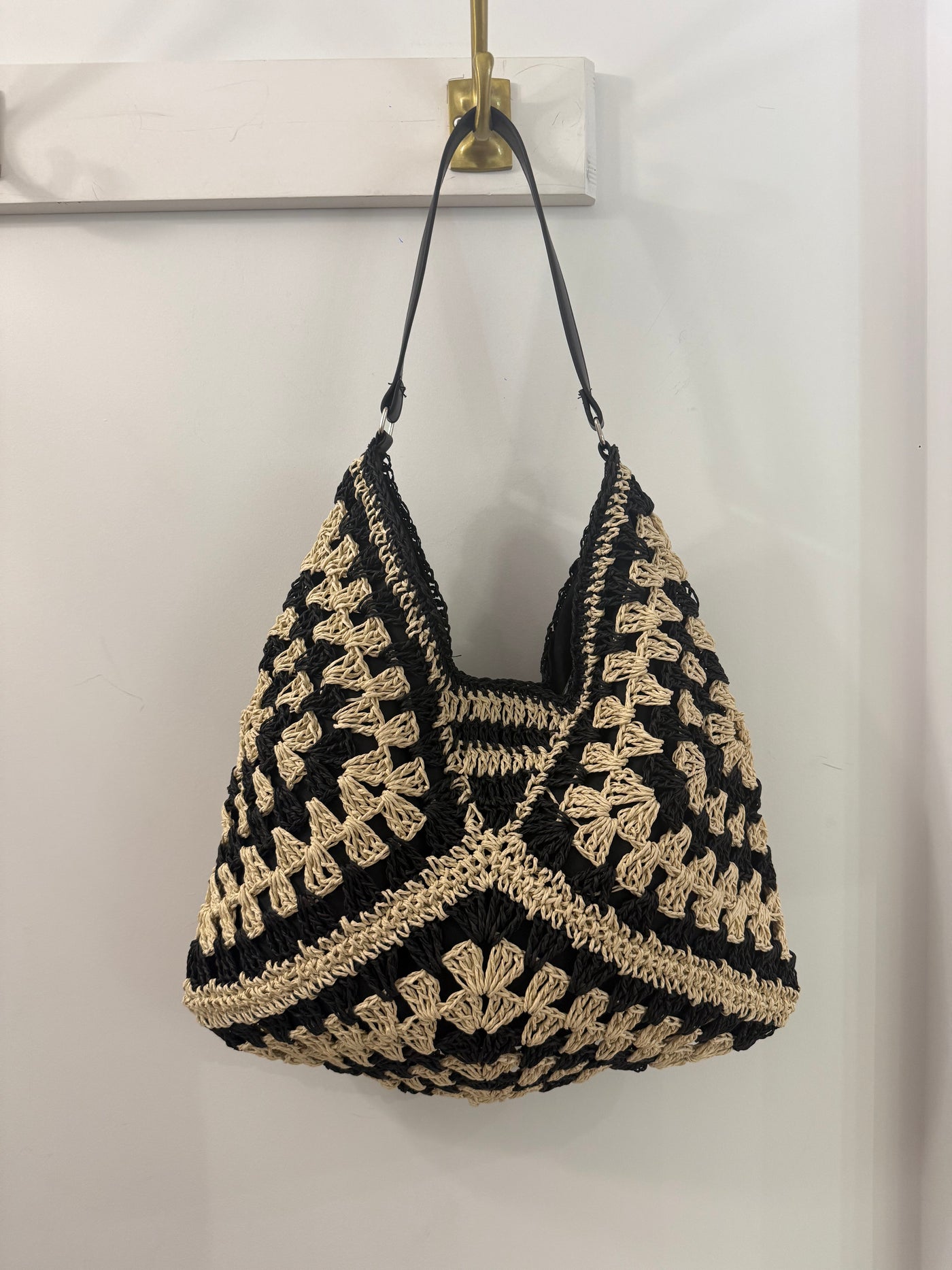 The Pink Door Black & Natural Raffia Bag