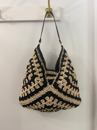 The Pink Door Black & Natural Raffia Bag