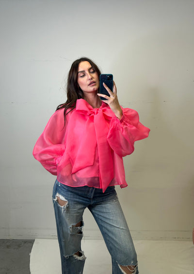 The Pink Door Organza Bow Blouse - Pink