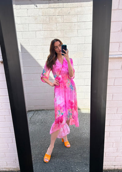 The Pink Door High Low Floral Crossover Dress -Pink