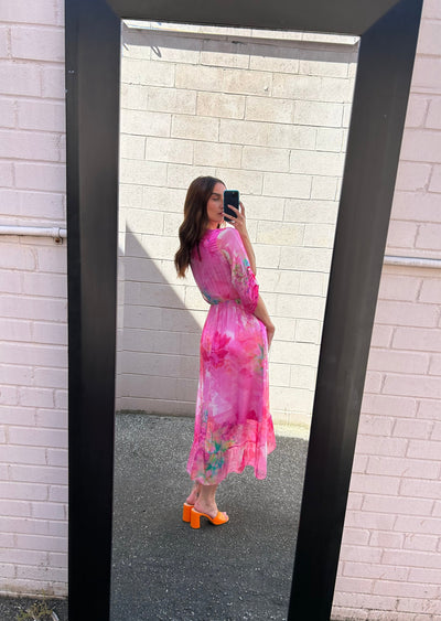 The Pink Door High Low Floral Crossover Dress -Pink