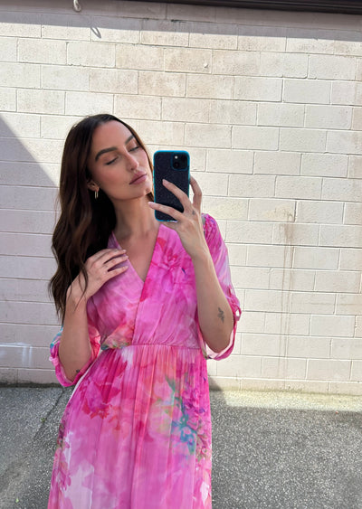 The Pink Door High Low Floral Crossover Dress -Pink