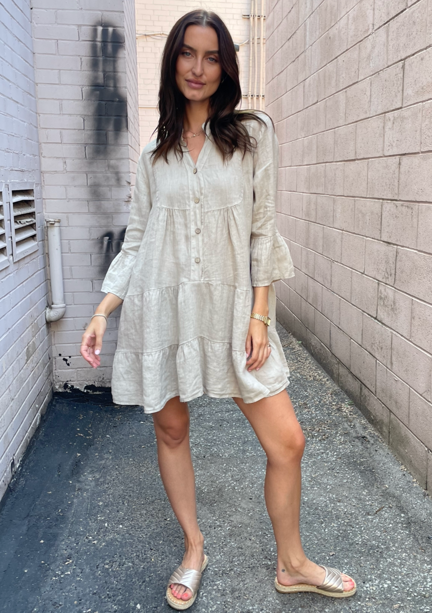 The Pink Door Ruffle Tier Linen Dress - Beige