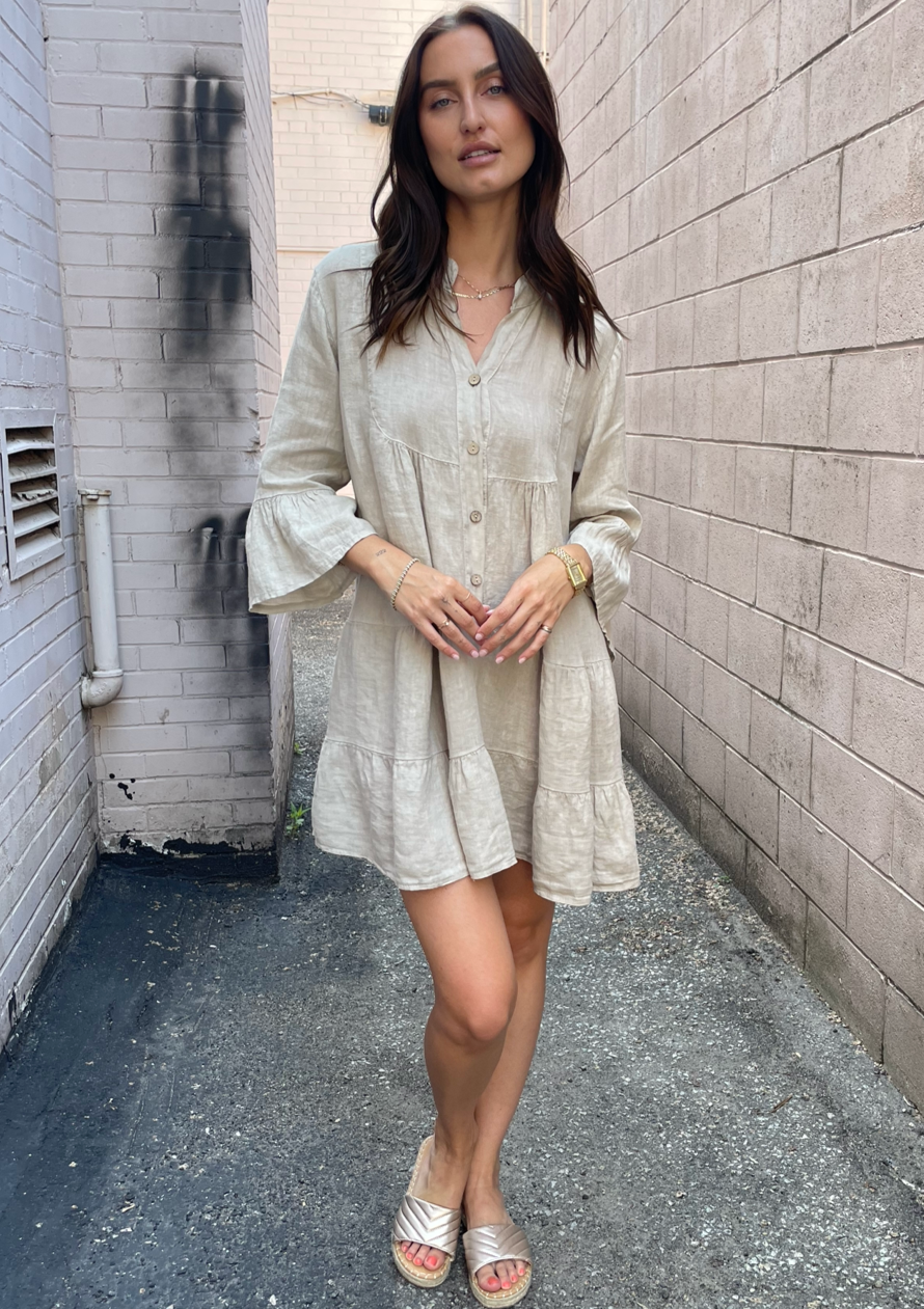 The Pink Door Ruffle Tier Linen Dress - Beige