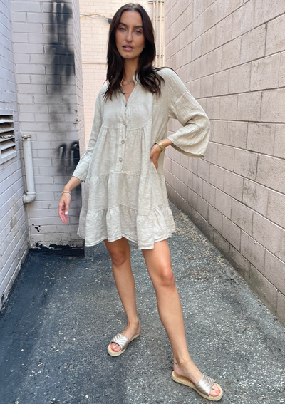 The Pink Door Ruffle Tier Linen Dress - Beige