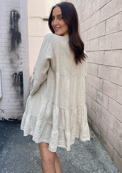 The Pink Door Ruffle Tier Linen Dress - Beige
