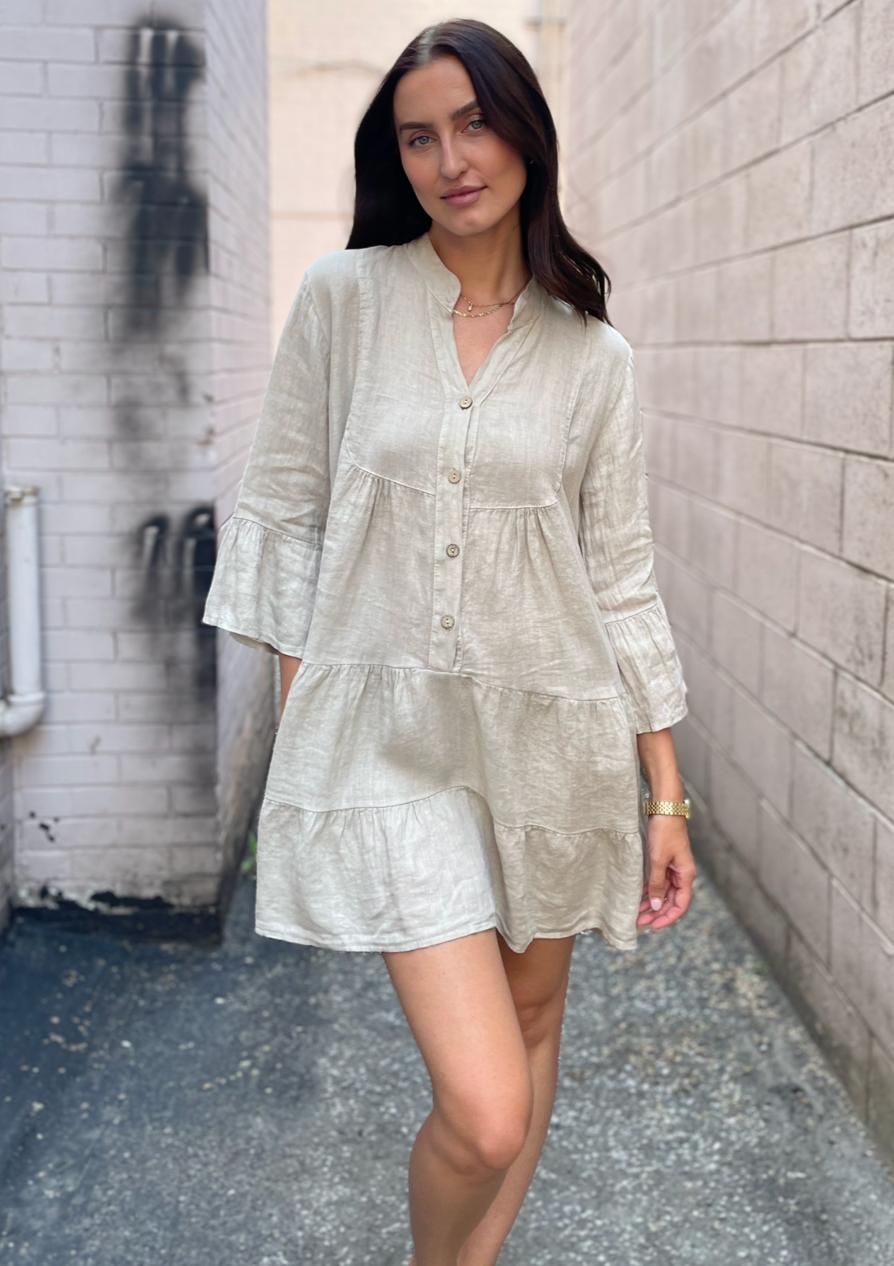 The Pink Door Ruffle Tier Linen Dress - Beige