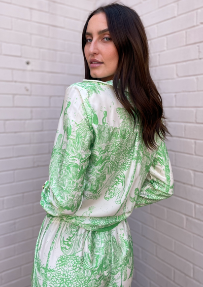 The Pink Door Silky Tie Front Tropical Top - Green