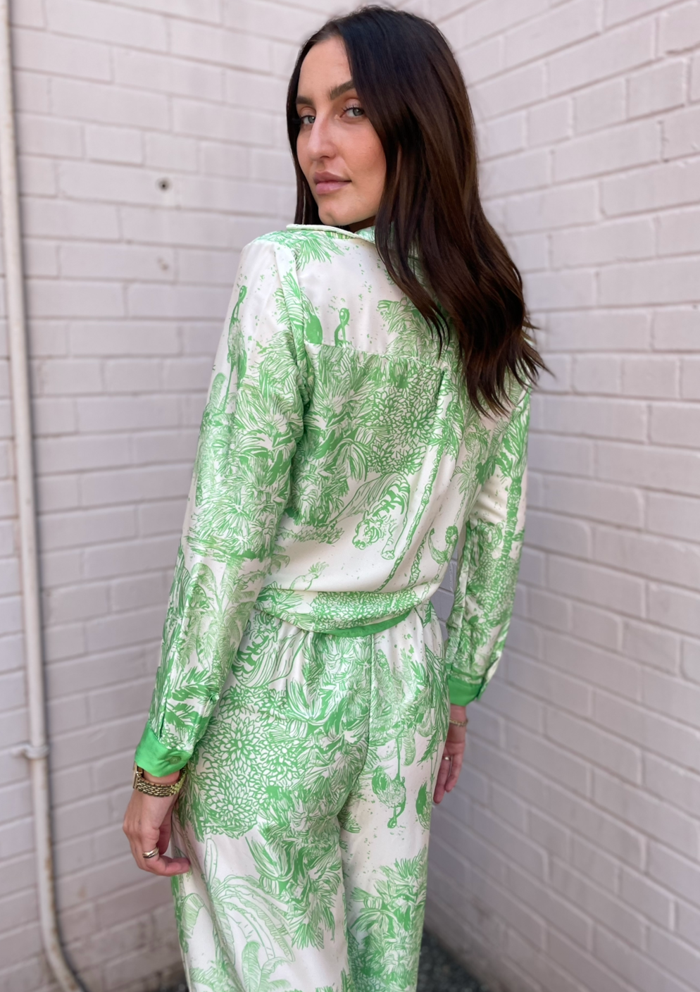 The Pink Door Silky Tie Front Tropical Top - Green
