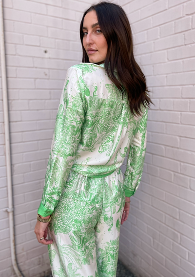 The Pink Door Silky Tie Front Tropical Top - Green