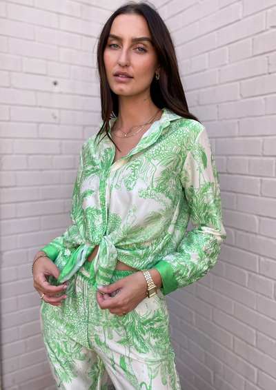 The Pink Door Silky Tie Front Tropical Top - Green