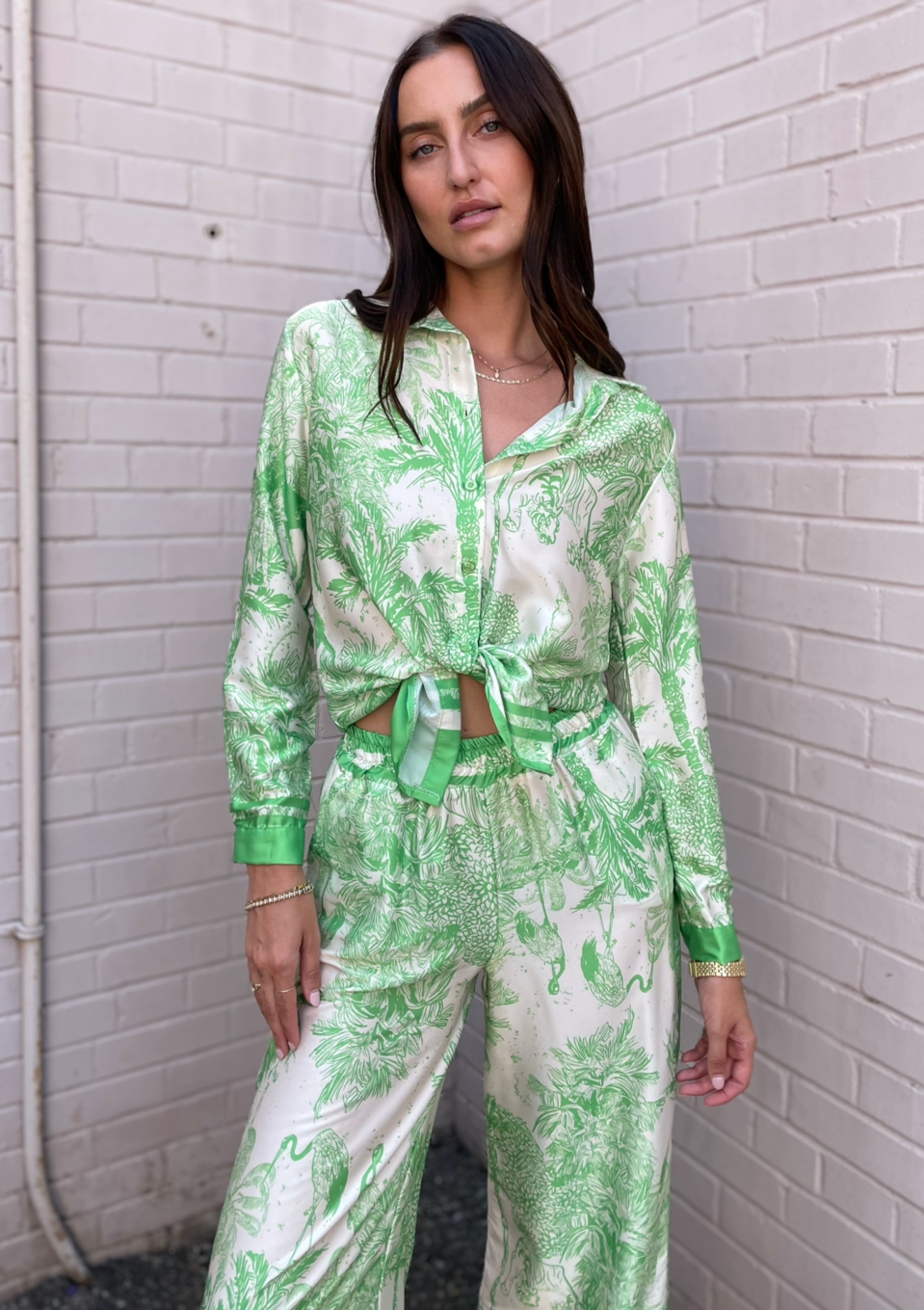 The Pink Door Silky Tie Front Tropical Top - Green