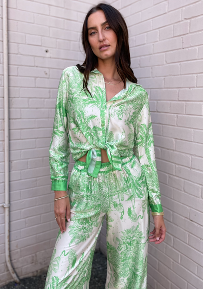 The Pink Door Silky Tie Front Tropical Top - Green