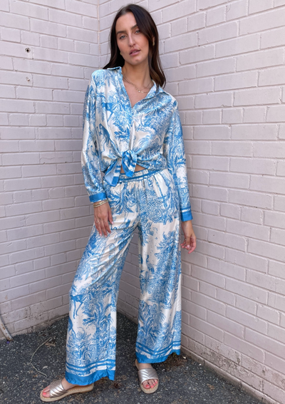 The Pink Door Silky Tie Front Tropical Print Top - Blue