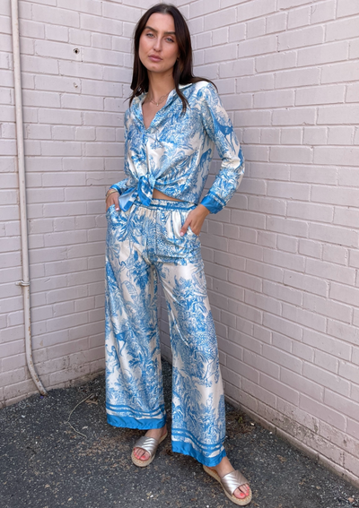 The Pink Door Silky Tie Front Tropical Print Top - Blue