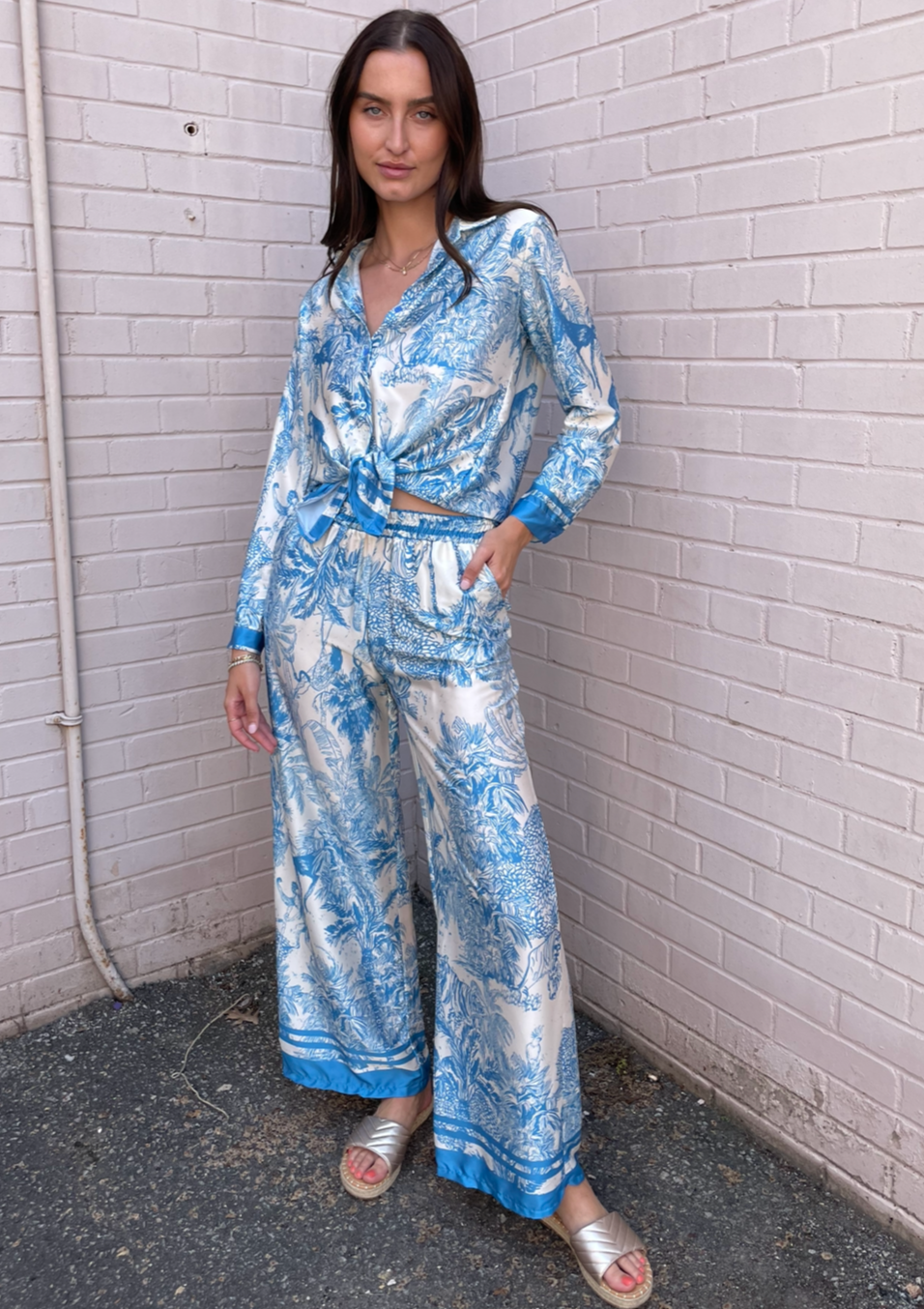 The Pink Door Silky Tie Front Tropical Print Top - Blue