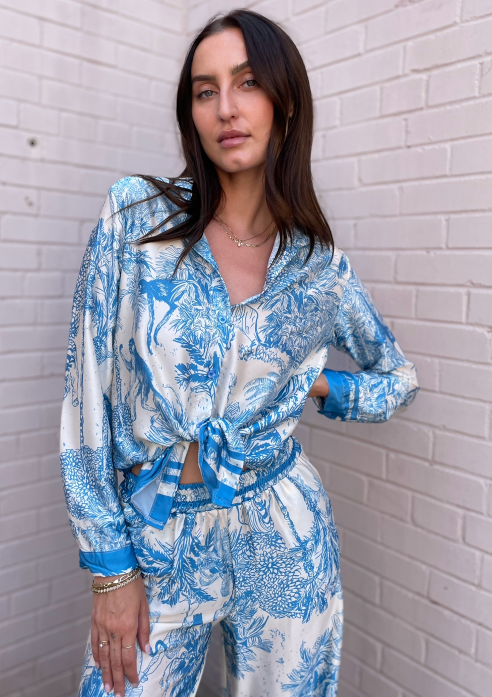 The Pink Door Silky Tie Front Tropical Print Top - Blue