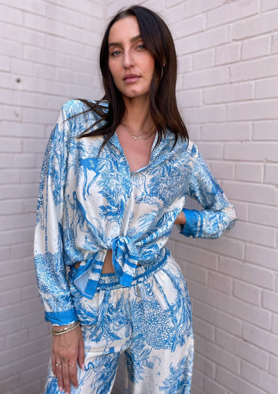 The Pink Door Silky Tie Front Tropical Print Top - Blue