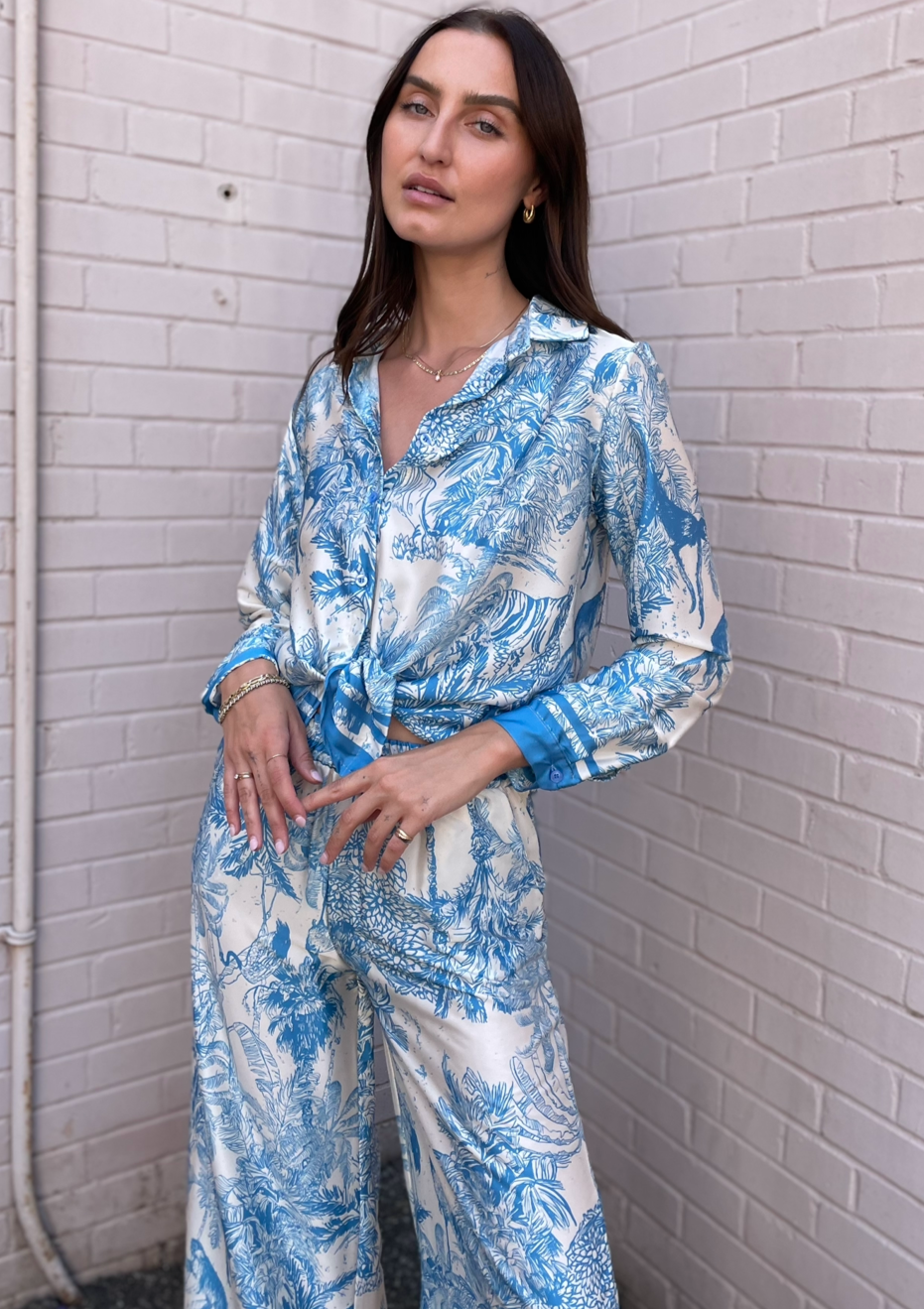 The Pink Door Silky Tie Front Tropical Print Top - Blue