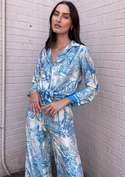 The Pink Door Silky Tie Front Tropical Print Top - Blue