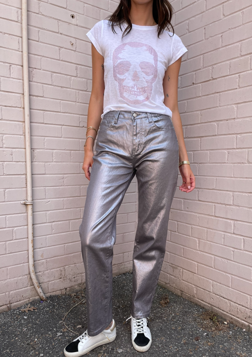 The Pink Door Metallic Five Pocket Pants - Silver