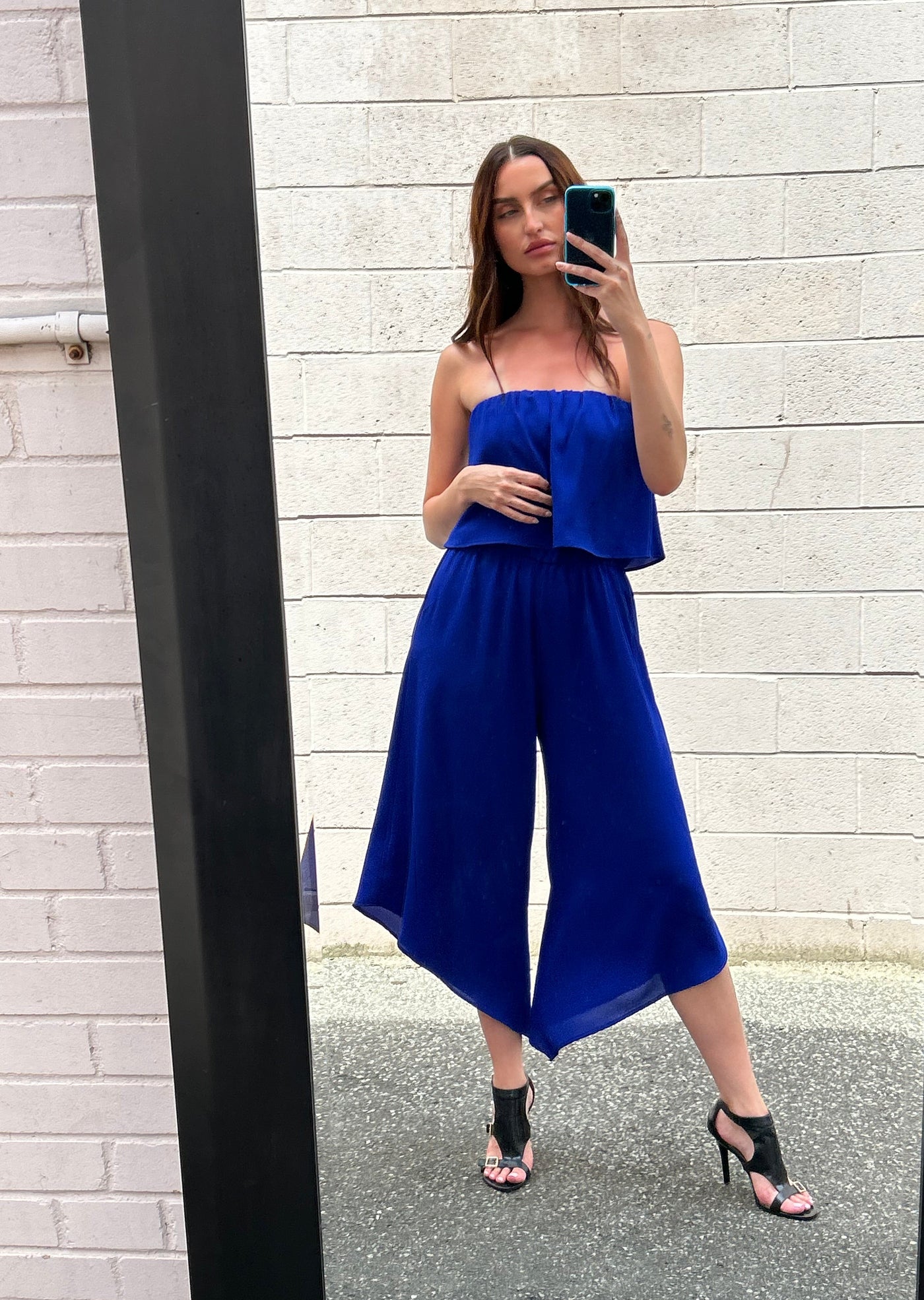 The Pink Door Strapless Cropped Romper - Royal Blue