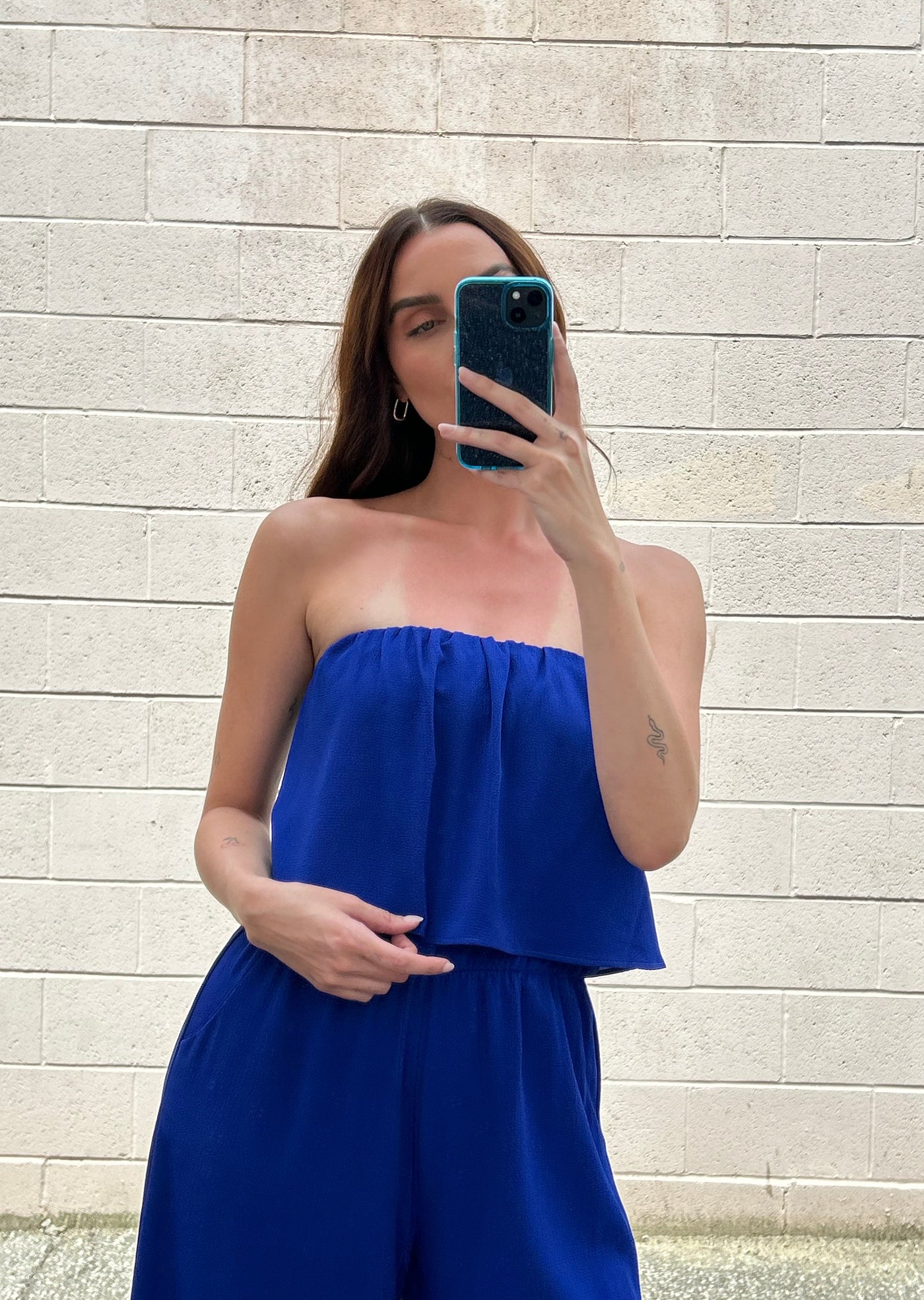 The Pink Door Strapless Cropped Romper - Royal Blue