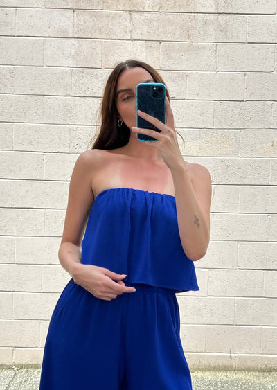 The Pink Door Strapless Cropped Romper - Royal Blue
