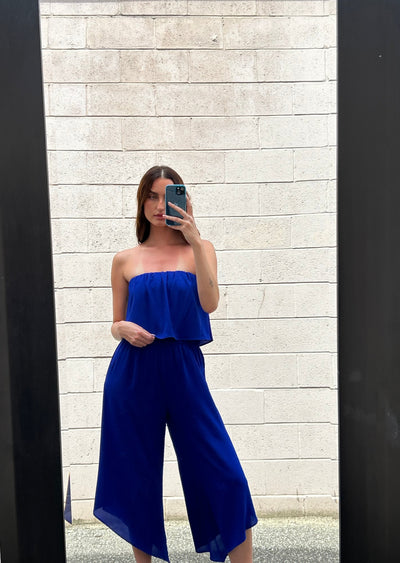 The Pink Door Strapless Cropped Romper - Royal Blue
