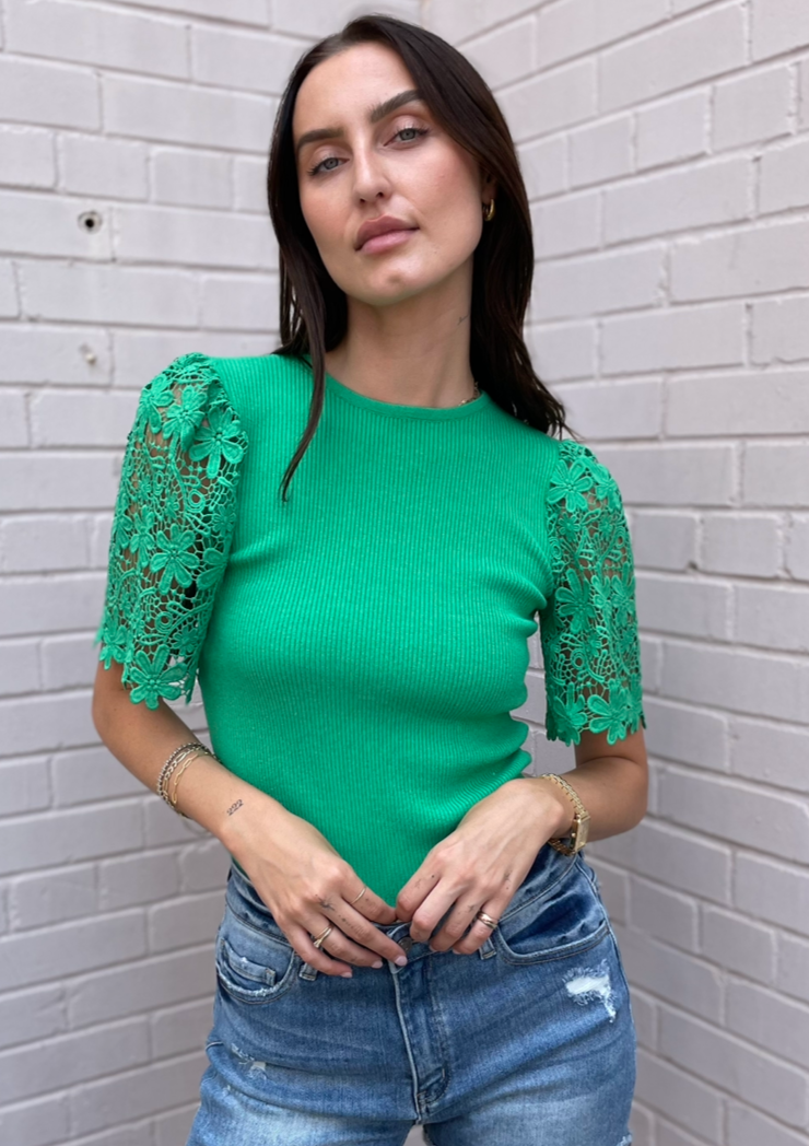 The Pink Door Lace Sleeve Knit Top - Green