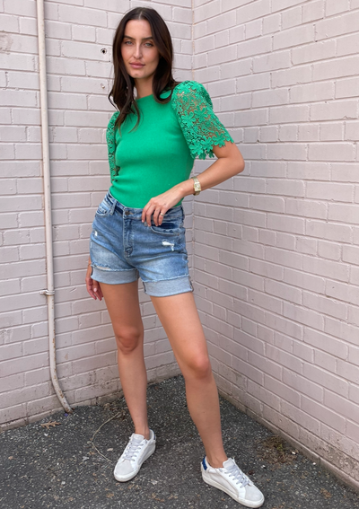 The Pink Door Lace Sleeve Knit Top - Green
