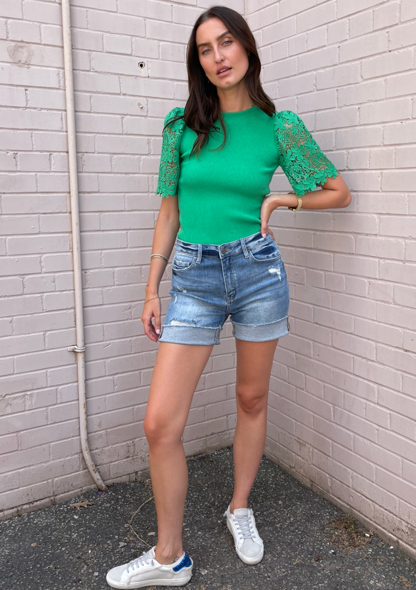 The Pink Door Lace Sleeve Knit Top - Green