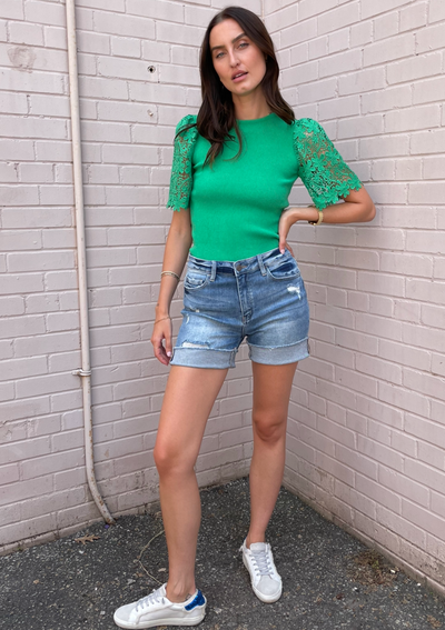 The Pink Door Lace Sleeve Knit Top - Green