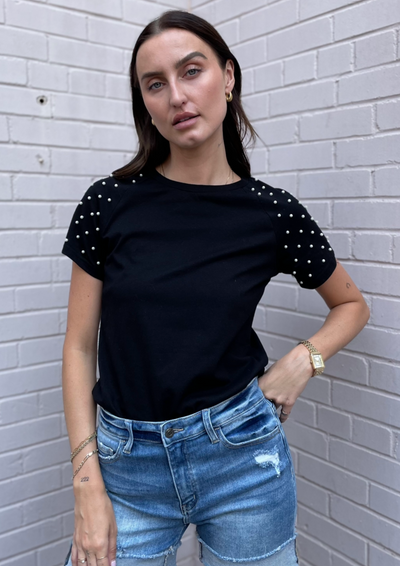The Pink Door Pearl Embellished Sleeve Tee - Black