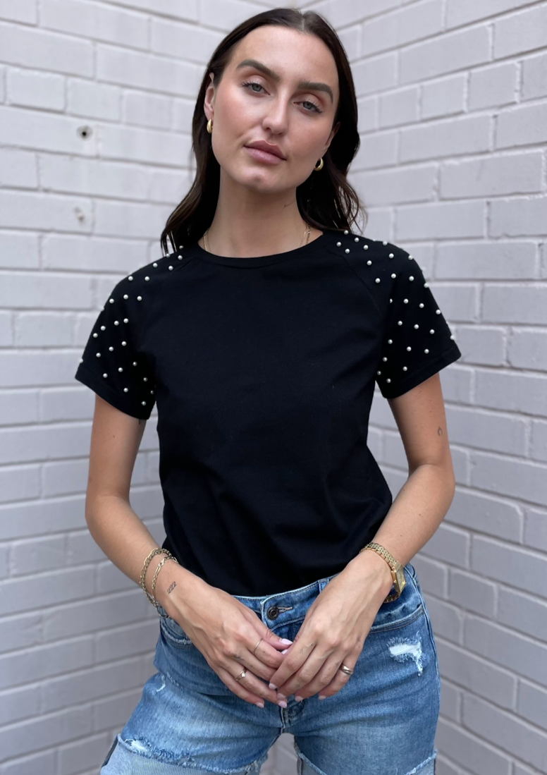 The Pink Door Pearl Embellished Sleeve Tee - Black