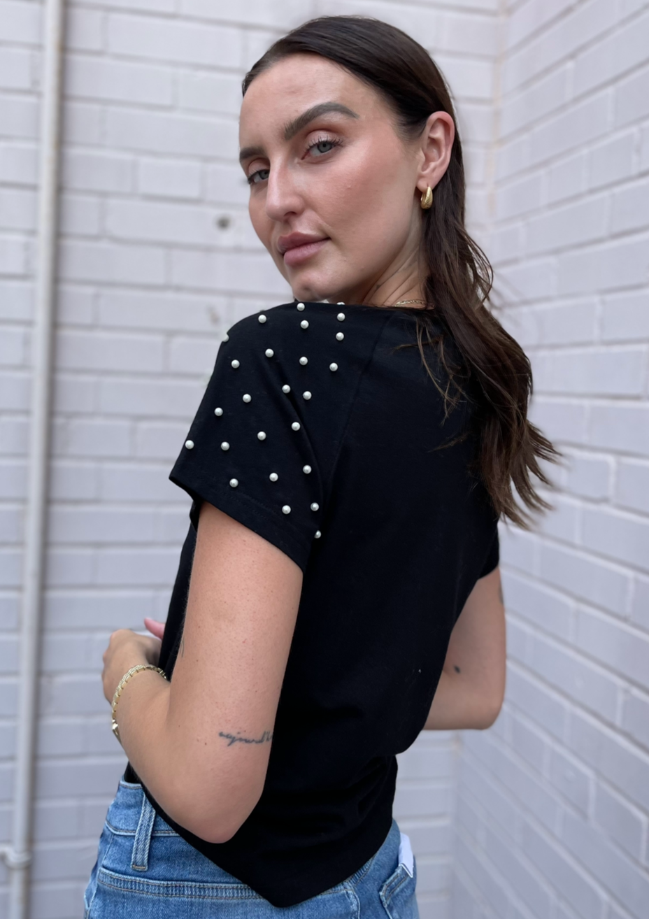 The Pink Door Pearl Embellished Sleeve Tee - Black