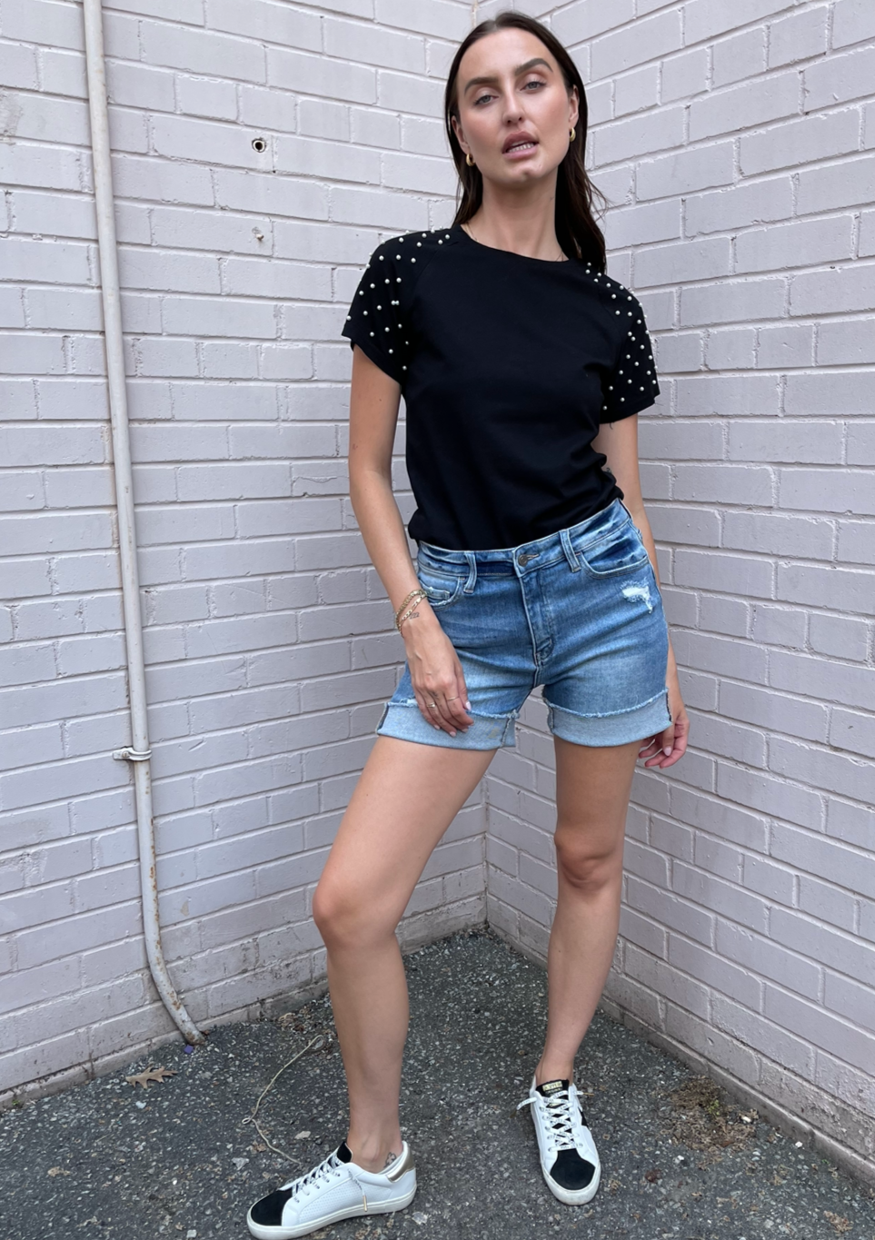 The Pink Door Pearl Embellished Sleeve Tee - Black